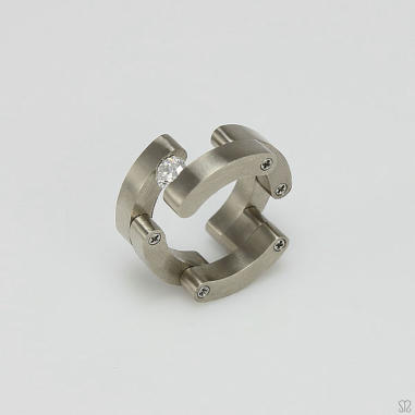 Perspective view of white gold and diamond ring, titled ‘Fragmented’, one off, designed & made by Mohammed Janbek. 